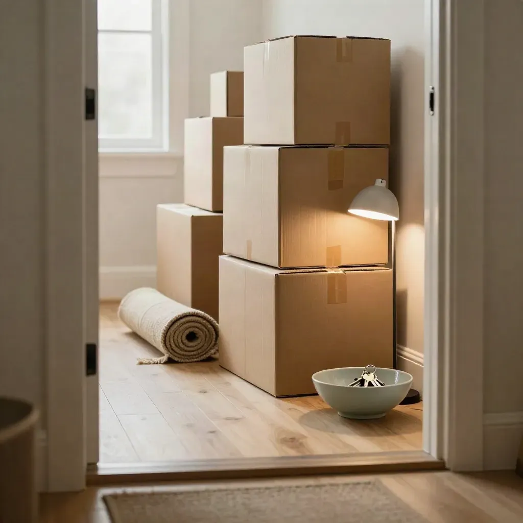 Entry hall with boxes, rolled rug, key bowl, and a floor lamp glowing at move-in
