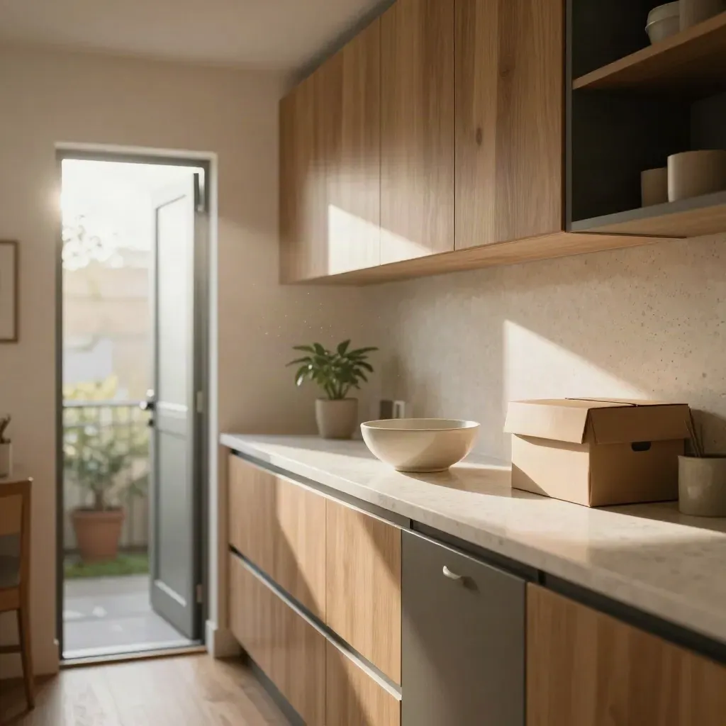 Sunlit townhouse kitchen with key bowl, moving boxes, and a small plant by an open back door.