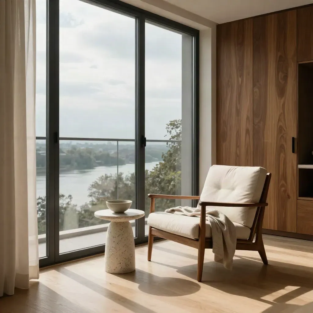 Ottawa condo interior with lounge chair by balcony glass and hazy river beyond