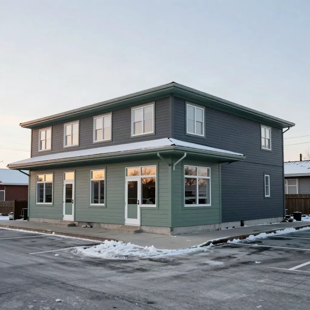 Sage-trim multiplex exterior in winter light, seen from a slightly elevated corner.