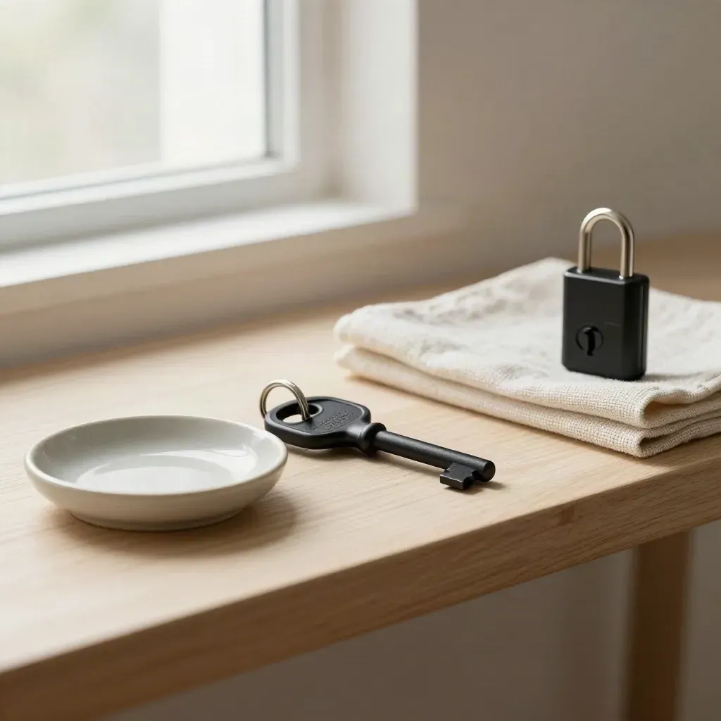 Matte key, ceramic dish, stem and linen napkin on a pale wood shelf