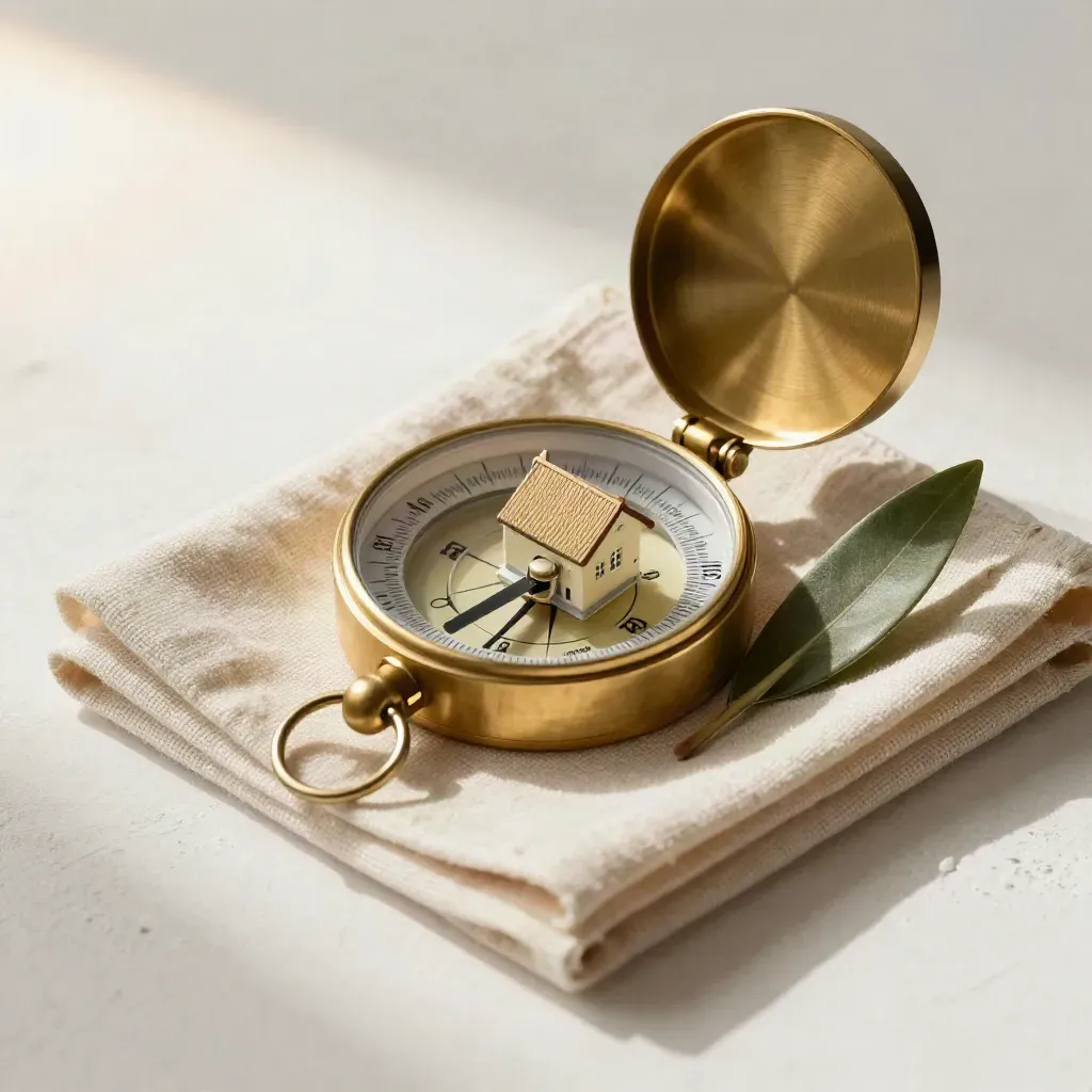 Brass compass, miniature house, and leaf on folded linen in a minimal overhead still life.
